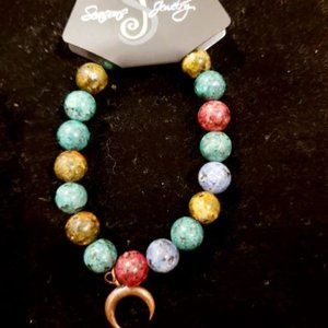 Stone Bead Stretch Bracelet with Crescent Horn Charm